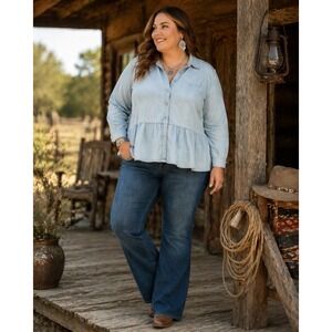 Gap Women XXL Blue Denim Peplum Button Down Long Sleeve Shirt Medium Wash Cotton